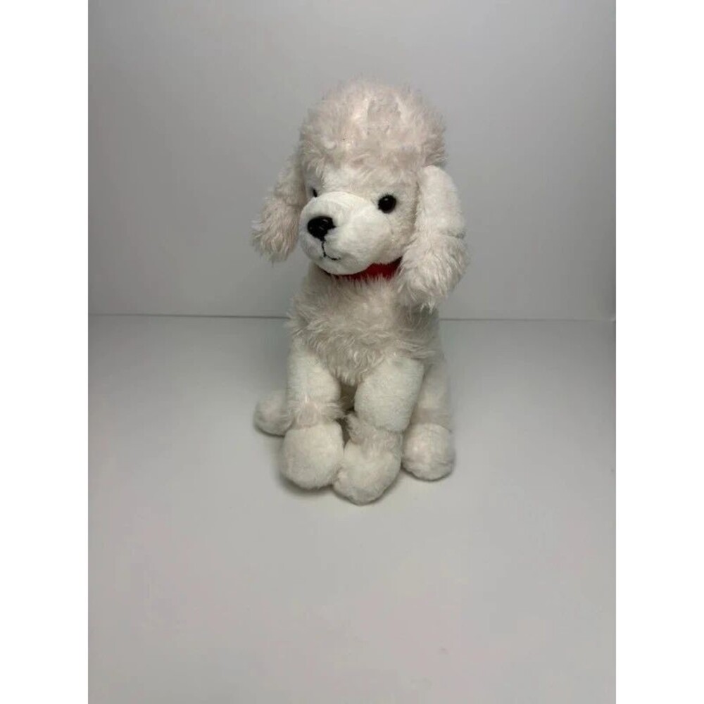 FAO Schwarz White Poodle Plush 14 Inch Stuffed Dog Red Collar Signature Button